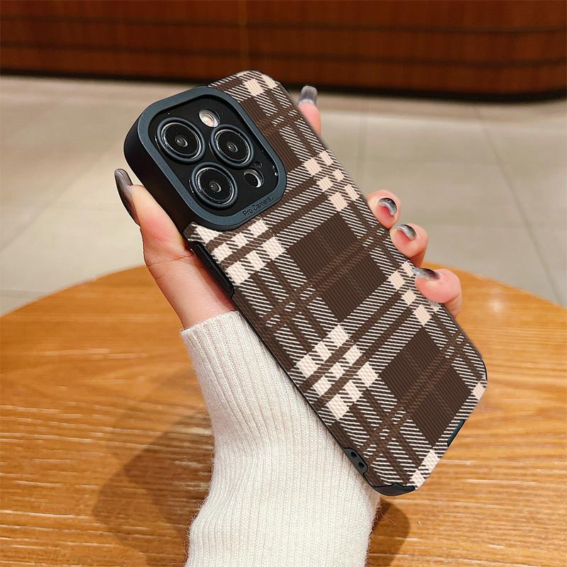 Vertical Grain Leather Shell Fashion Grid Printed Cover Patterned Soft Silicone Case with Camera Lens Full Protection for iPhone