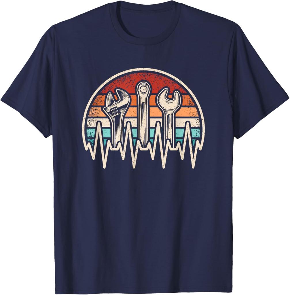 Mechanic Heartbeat Wrench Spanner Retro Sunset Graphic Tee Vintage Auto Repair Short Sleeve T-Shirt