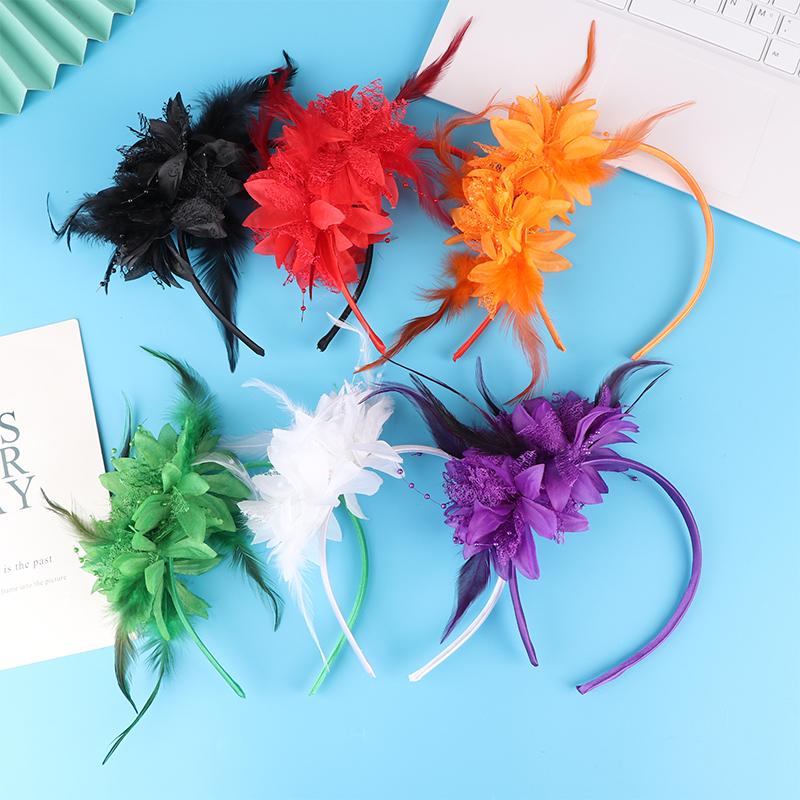 1Pcs Women Fascinator Hat Headband Flower Feather Mesh Yarn Cocktail Party Wedding Hair Accessories Head Decoration