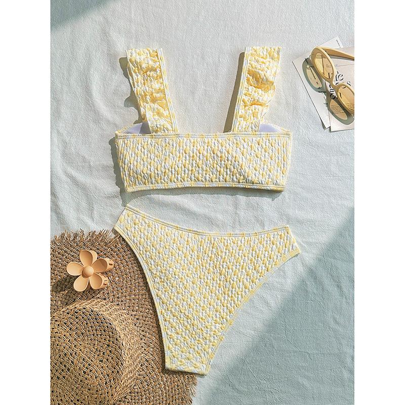 Sweet Ruffled Yellow Bikini Sets Women Padded Bra Thong Two-piece Set Summer Bathing Suit Vacation Beach Wear Female Swimwear