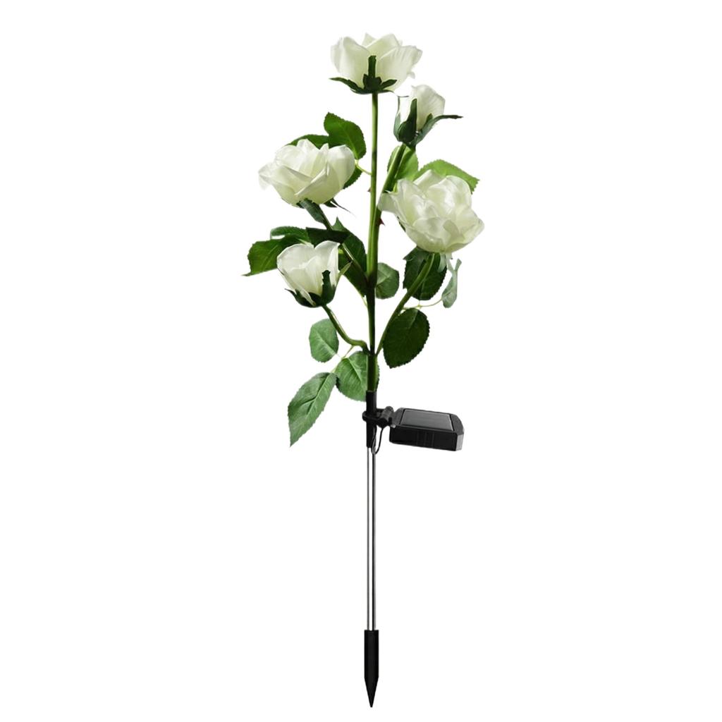 Solarbetriebene künstliche Rosenblüten-Stange 5 Köpfe Gartendekoration Pflanze mit realistischen Blättern und stabilem Erdspieß für Außen- und Innenbereich