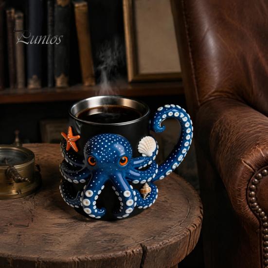 Heat Insulated Drinking Vessel Octopus Mug with Handle, Deep Sea Relief Design Resin Stainless Steel Ocean Theme Drinkware Coffee Cup, Cup for Office