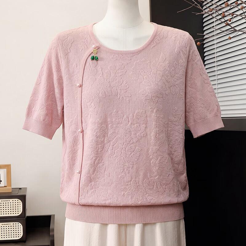 Xuexi Elegant Ice Silk Short Sleeve T-Shirt for Moms L
