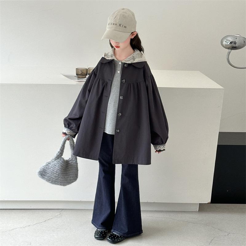 Girls' Trendy Lace Jacket & Trench Coat Set - Stylish Autumn Fashion for Big Kids