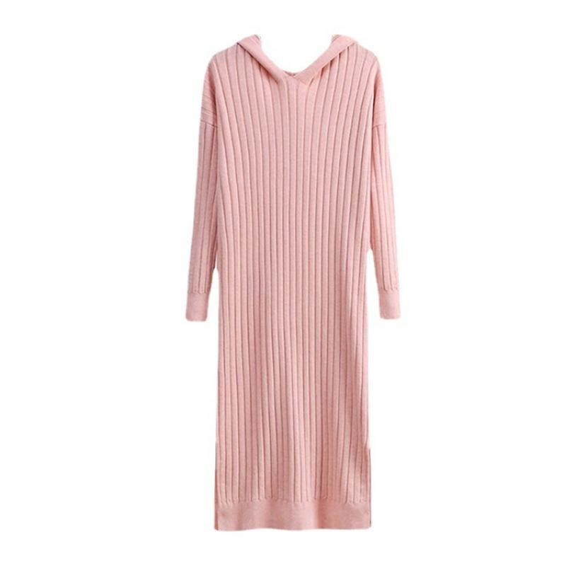 Hooded solid color pit strip straight V-neck sweater skirt autumn and winter casual style knitted dress women