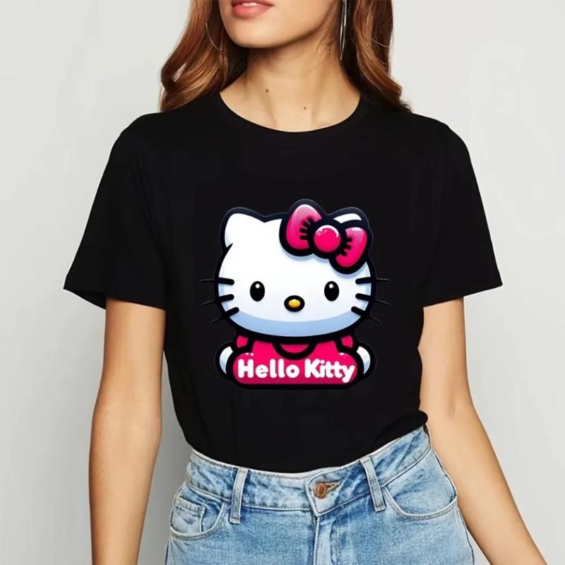 Sanrio Cat Girl Summer Tshirt Cute Modern Style Pure Cotton Soft Fabric Casual Fashion Womens Tshirt Round Neck Y2K Top