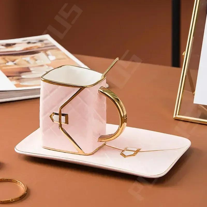 Handbag Style Coffee Mug Ceramic Cups with Dessert Plate Spoon Milk Tea Juice Water Mugs Desktop Drinkware Decor Birthday Gifts