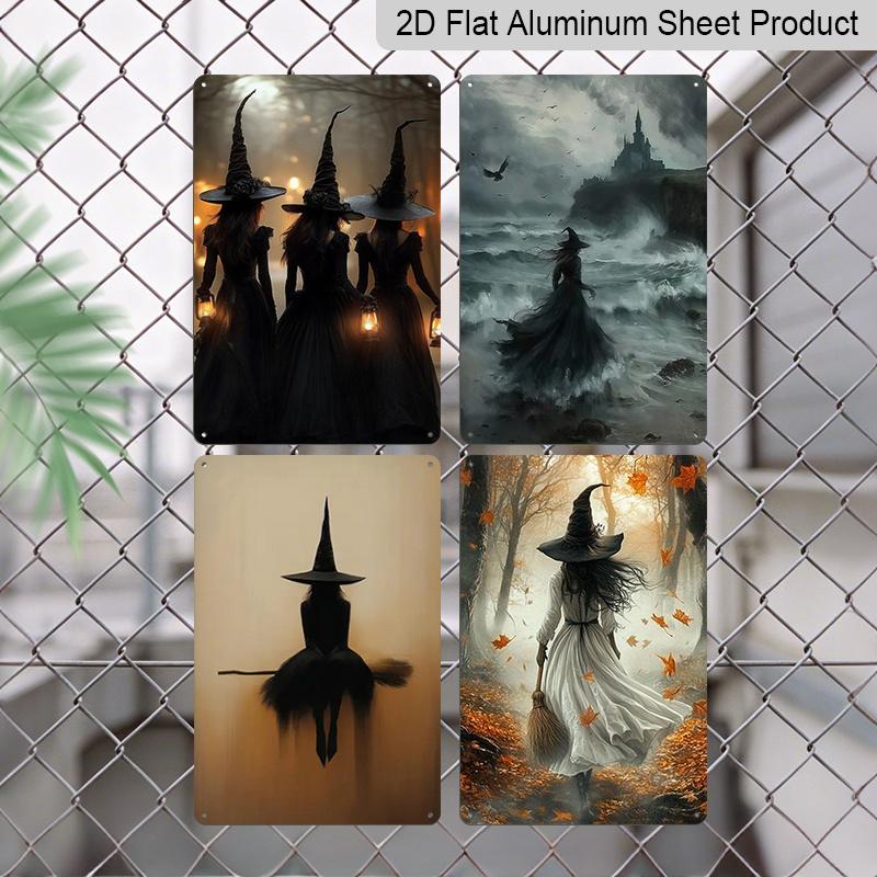2D Flat 4pcs Gothic Witch Themed Metal Signs‑8.0x12.0 Inch Aluminum Wall Art, Vintage Dark Witch Silhouette Halloween Decor, Pre‑Drilled Holes
