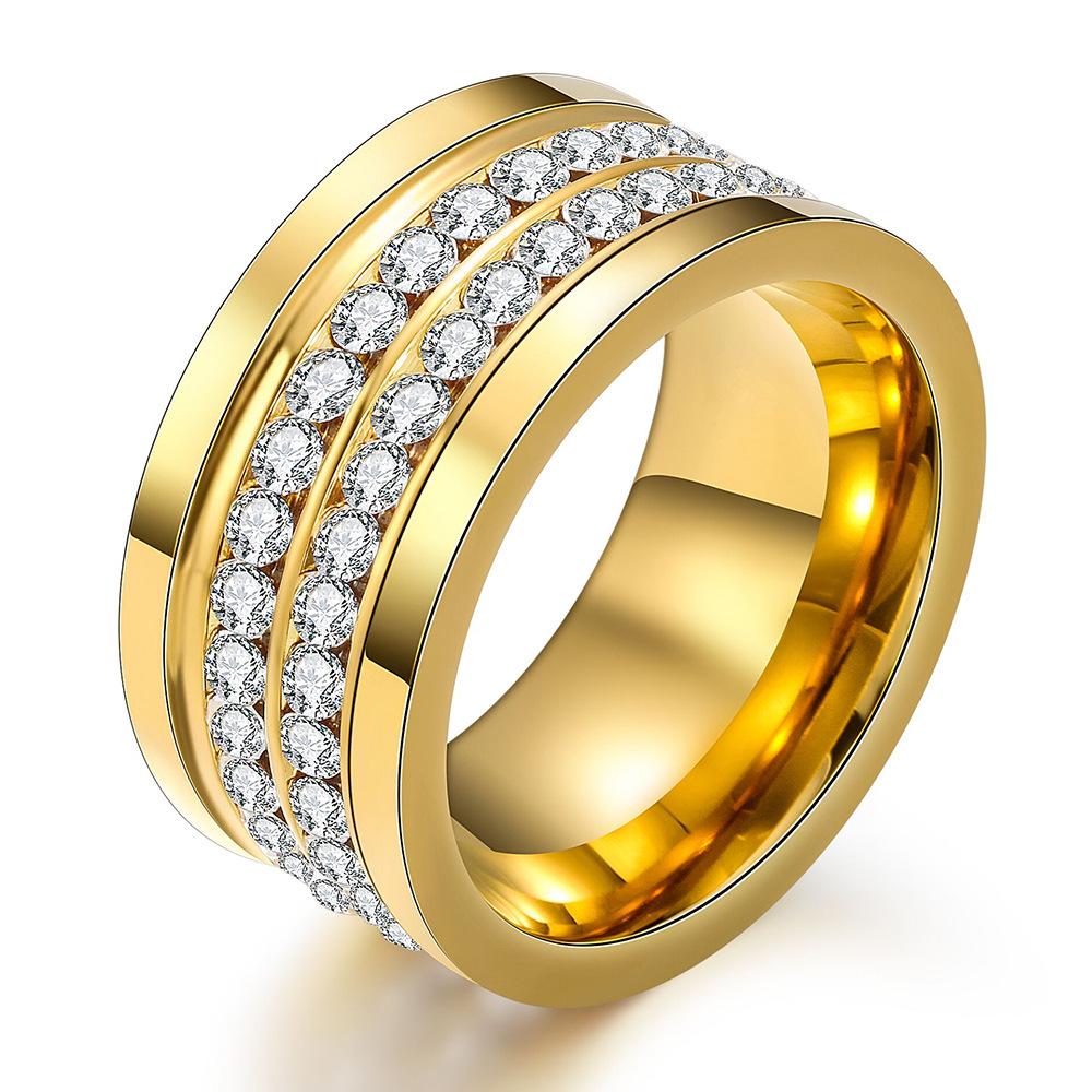 European-American 10MM Rhinestone Two-Row Stainless Steel Ring - Fashionable & Versatile for Men Size 6 золотой
