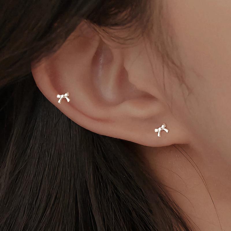 S999 Sterling Silver High-quality Bow Screws Earrings for Women Korean Fashion Small Simple Ear Accessories