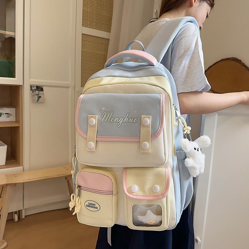 Sac d'école pour collégienne Sac à dos pour ordinateur à blocs de couleurs pour femmes Grande capacité Sac à dos pour livres