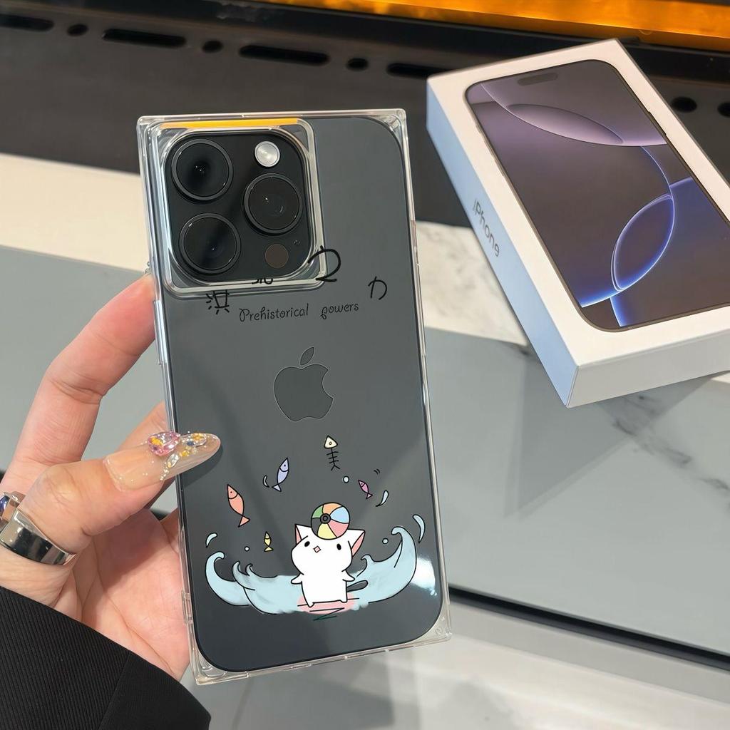 Clear Square Back Tube Case Protection For iPhone 14 Pro Max 13 16 ProMax 12 15 Plus 11 Rowing Cat Pattern