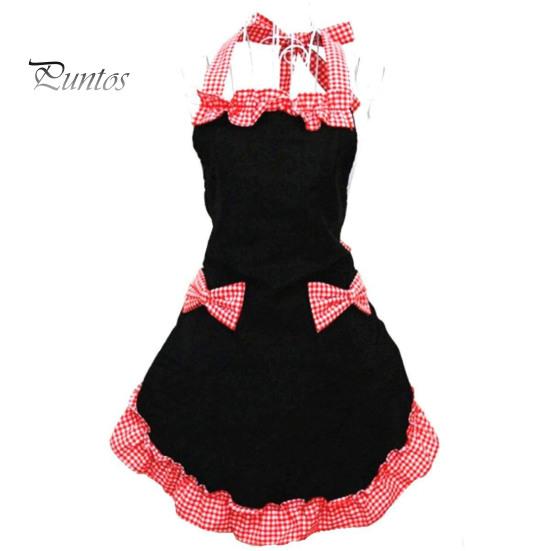 Women Cute Bowknot Decor Pocket Apron Plaid Print Splicing Adjustable Lace-up Kitchen Flirty Apron Mother Day Gift