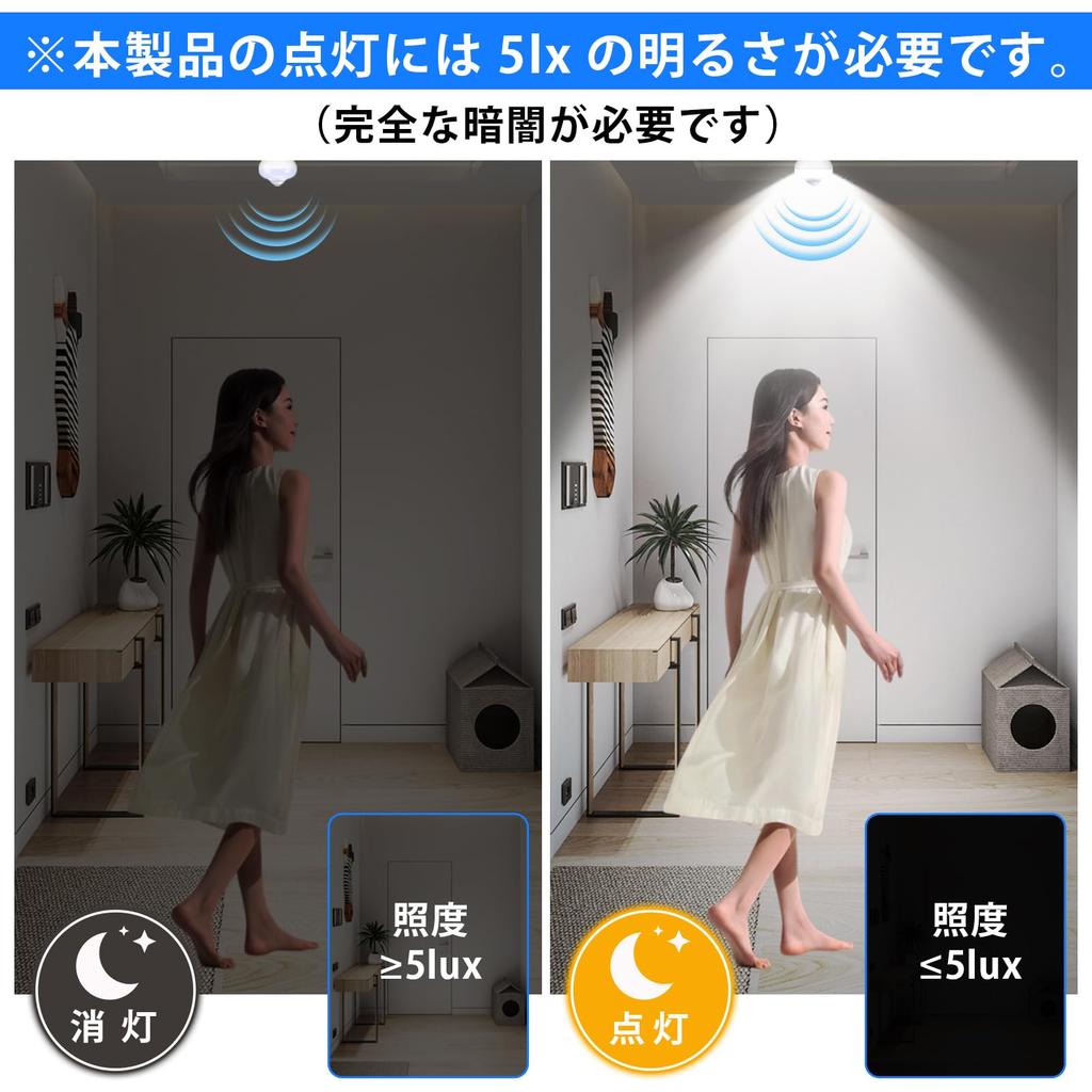 Motion Sensor LED Bulbs, E17 Base, 60W Equivalent, Daylight White, 6W, 610lm, Compact Bulbs, Automatic OnOff, Light Sensor, Infrared Sensor, Prevents