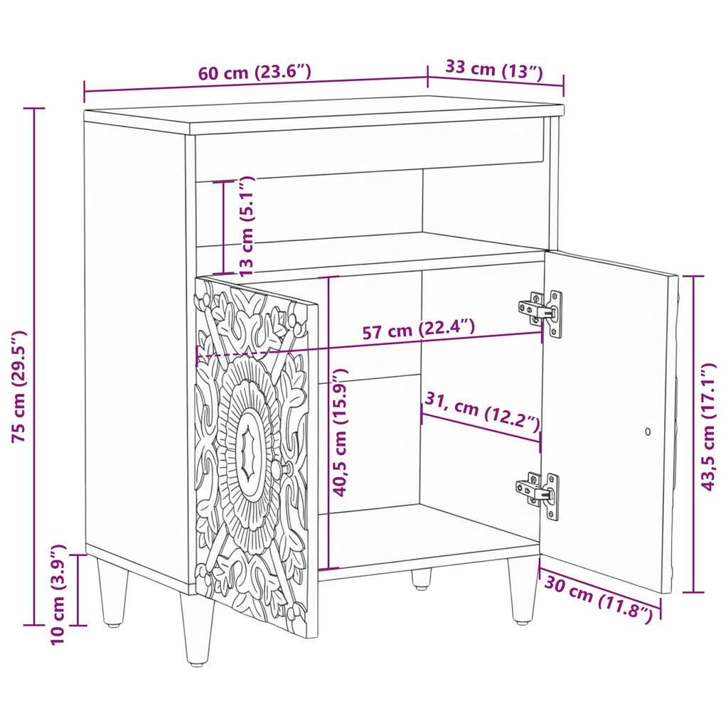 Sideboard with Storage Brown 60 X 33.5 X 75 Cm Solid Mango Wood