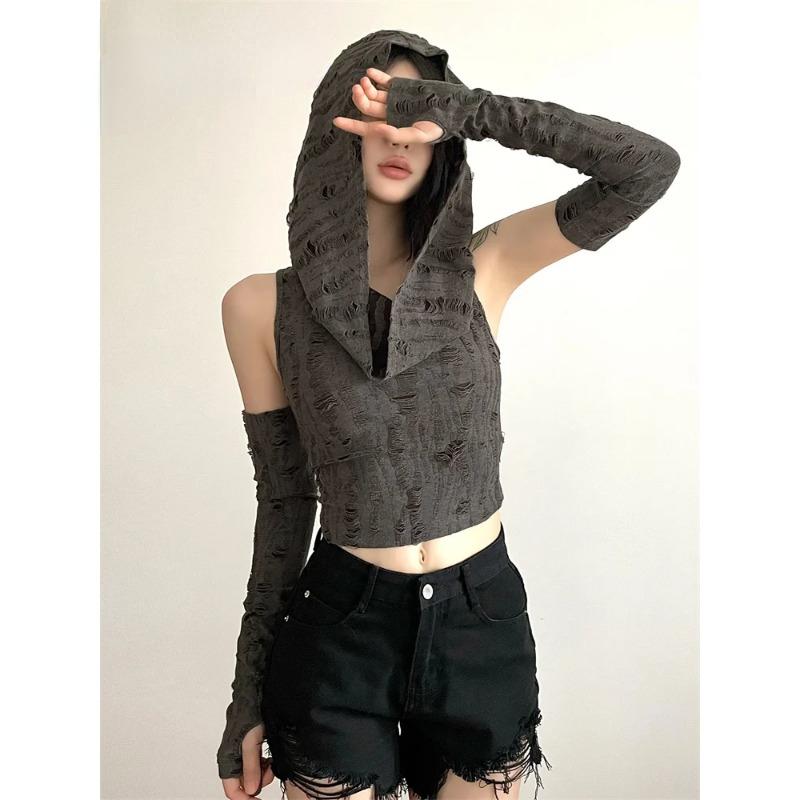 Sylcue Einfarbiges Vintage-Distressed-Design, schlichtes All-Match, modisch, cool, cool, für den Sommer, reisefrei, gestricktes Kapuzenoberteil für Damen