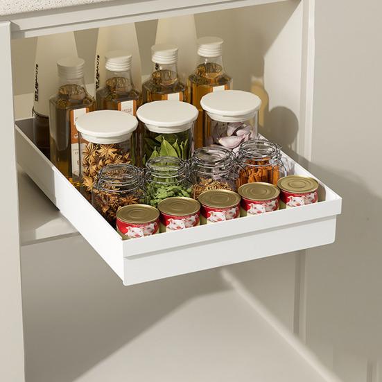 Pull-Out Kitchen Storage Rack with Heightened Guardrail Design Smooth Slide Rail Cabinet Organizer Nail-Free Installation Plastic Storage Bins