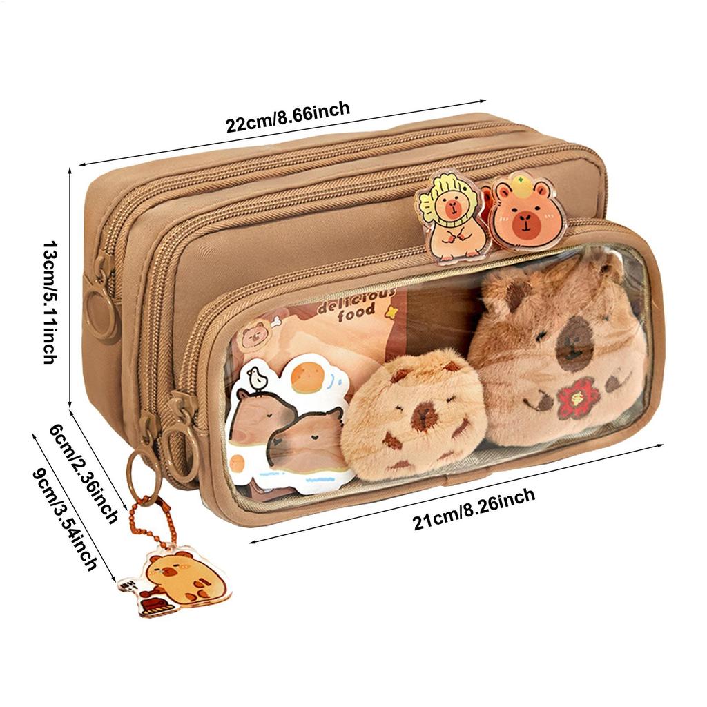 22x13x6cm Capybara Pencil Pouch 10 Compartment Transparent Pencil Pouch Wide Opening Mouth Pencil Pouch With Cute Pins Plush