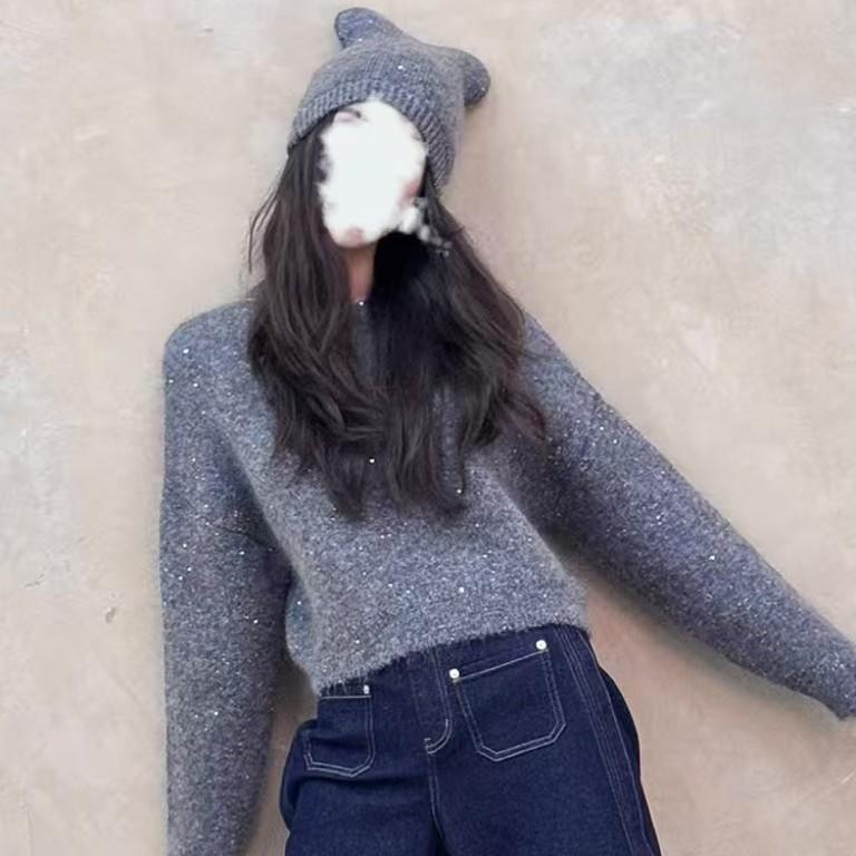 Women's Gray Glitter Knit Sweater - Autumn/Winter Cozy Layer