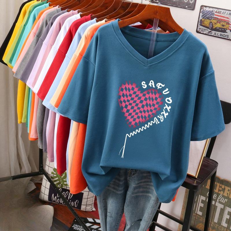 

Футболка с коротким рукавом, Свободного кроя, Приталенный топ с V-образным вырезом с принтом для женщин 5XL королевский синий