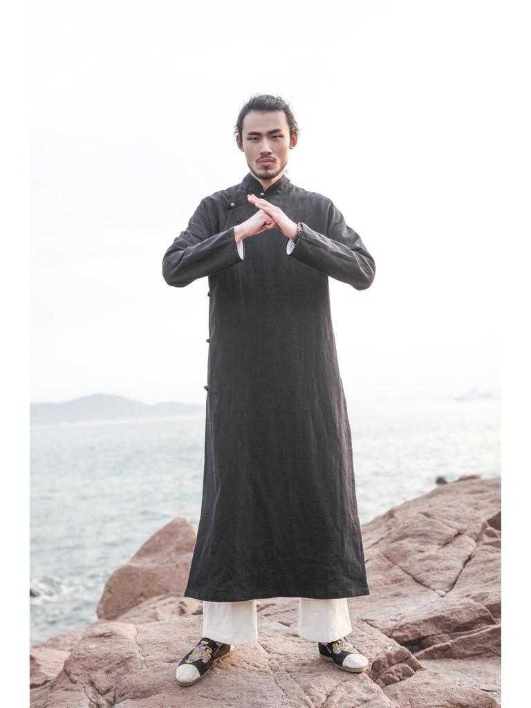 Ležérní dlouhé šaty Hanfu ve stylu éry Republiky, taoistický lněný župan s pan sponou a měděnými knoflíky