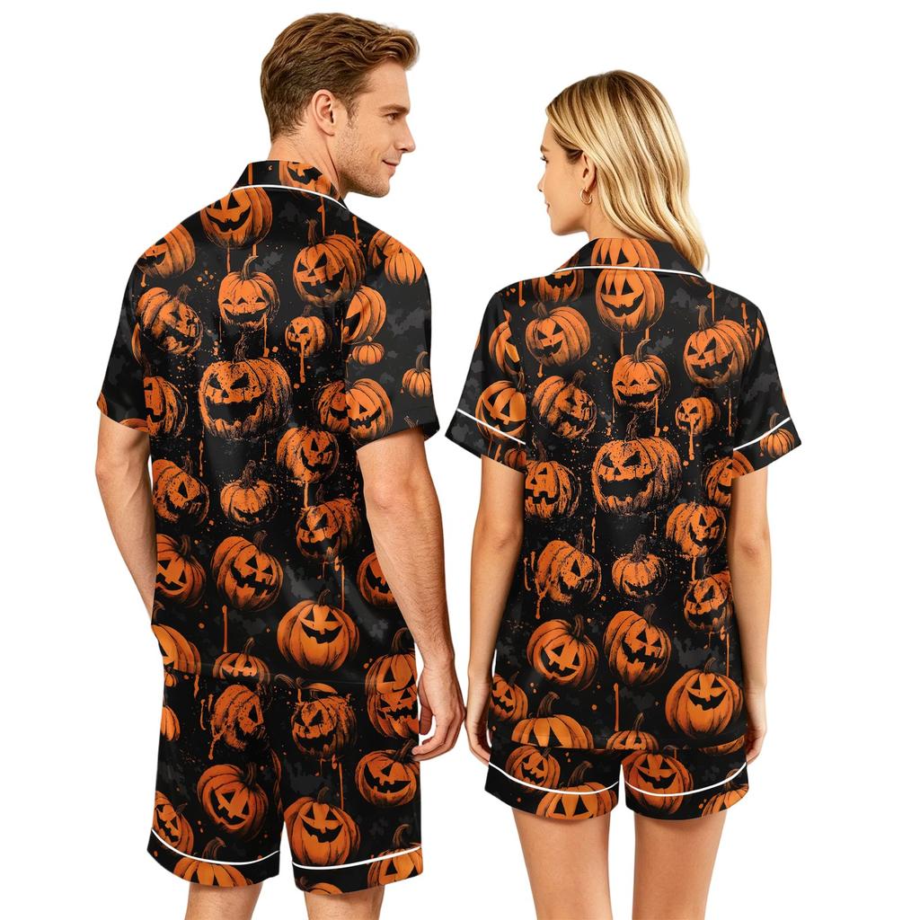 Couple Matching Halloween Pajama Set Short Sleeve Button Down Shirt and Shorts Soft Casual Sleepwear S To XXXXL