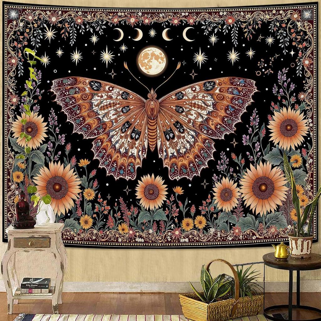 Butterfly Tapestry Moon Star Retro Floral Sunflower Plant Tapestries for Bedroom Witchy Aesthetic Room Decor Tapestries Wall