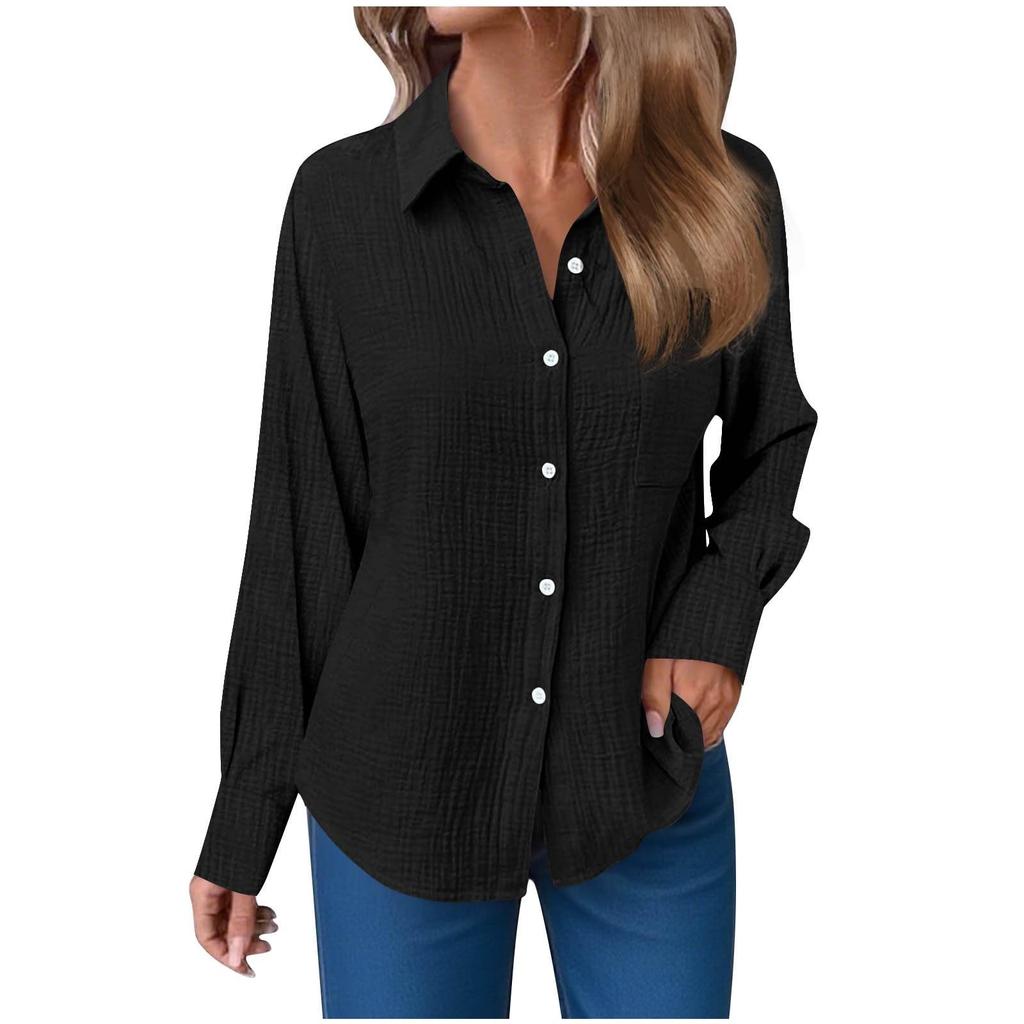 Women's Fashion Casual Solid Color Split Button Long Sleeve Shirt Top