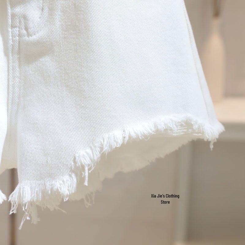 Women's 2025 Summer White High-Waisted Frayed Hem Denim Shorts - Loose, Slimming, Trendy Wide-Leg Hot Pants