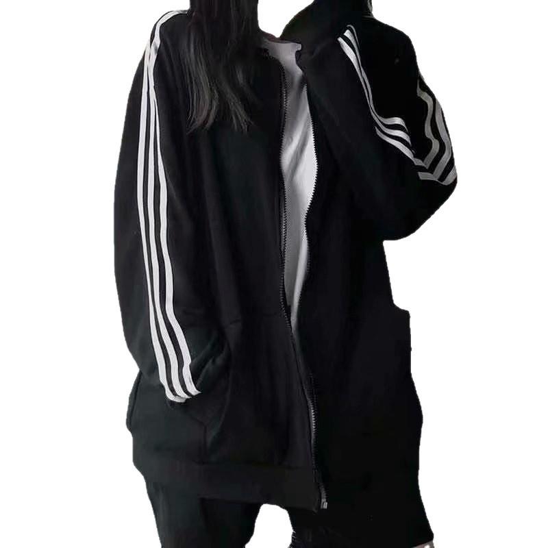 2025 Spring/Summer Women's Korean Style Black Three-Stripe Baseball Jacket - Loose Fit for Students