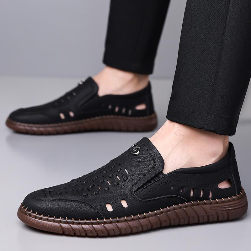 Pánské sandály, prodyšné, ležérní, tkané kožené sandály s dutým otvorem, pánské velké boty