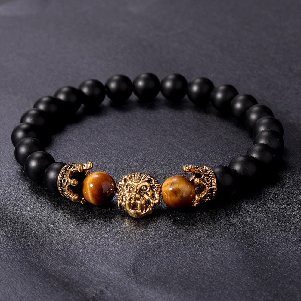 Festive Gifts Black Matte Onyx Tiger Eye And Gold Lion Head Beaded Bracelet Bold Fashion Jewelry For Men Daily Wear Simple Versatile Accessory