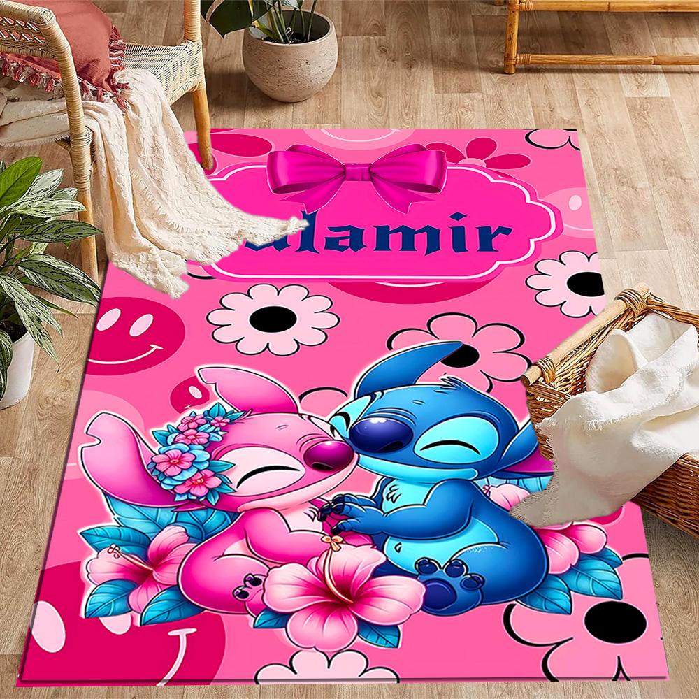 Stitch Adventure In Flowers Disney Cartoon Theme Anti-Slip Rug - Polyester, Home Decor, Suitable for Bedrooms, Living Rooms, Doorways, and Studios