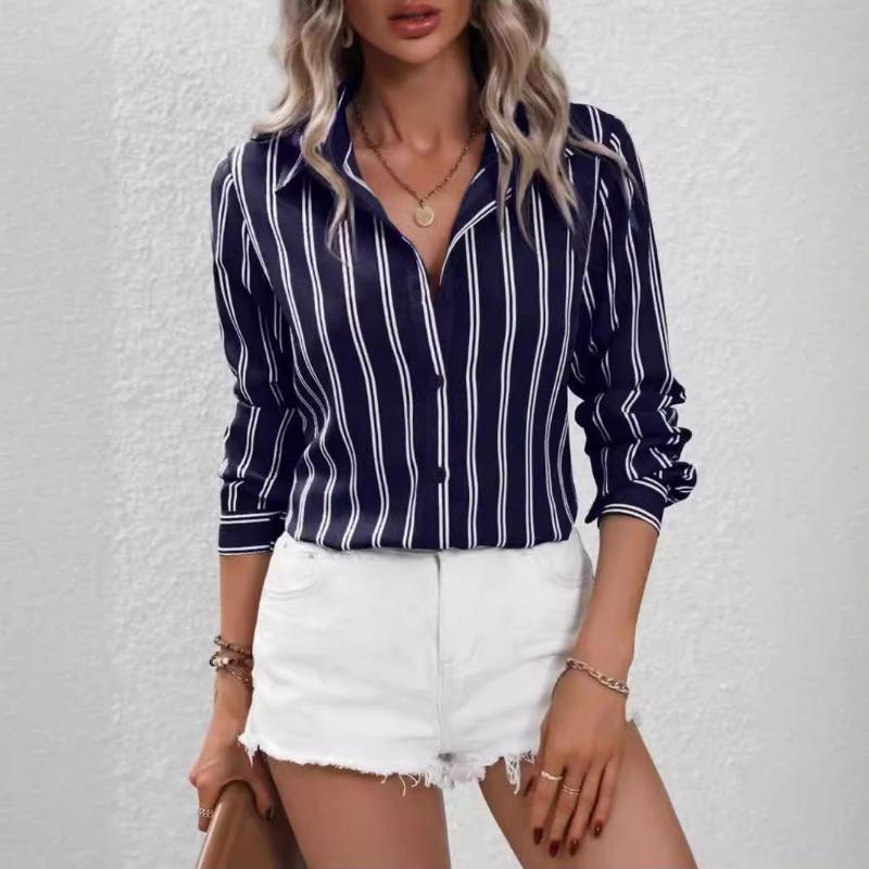 Women's Shirt Autumn Commuting Style Fashion Lapel Blouses Striped Loose Long Sleeved Shirt Women