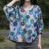 Sommer Damenbekleidung Ethnisch bedruckte Baumwollleinenbluse Top Rundhalsausschnitt Siebenviertelärmel T-Shirts