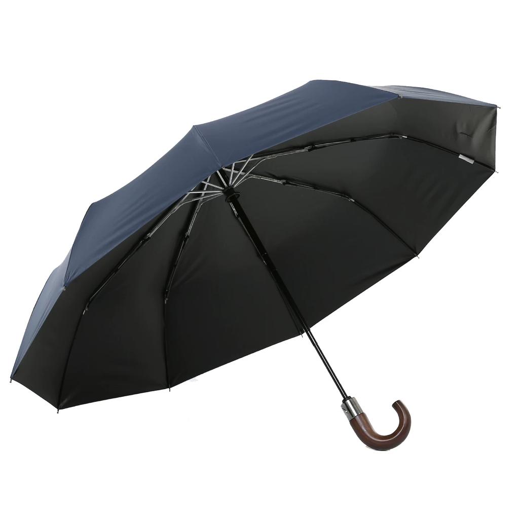Solid Wood Curved Handle Fully Automatic Folding Umbrella for Men, Ten-Rib Reinforced, Dual-Use for Sun and Rain, Thickened Black Coating for Sun