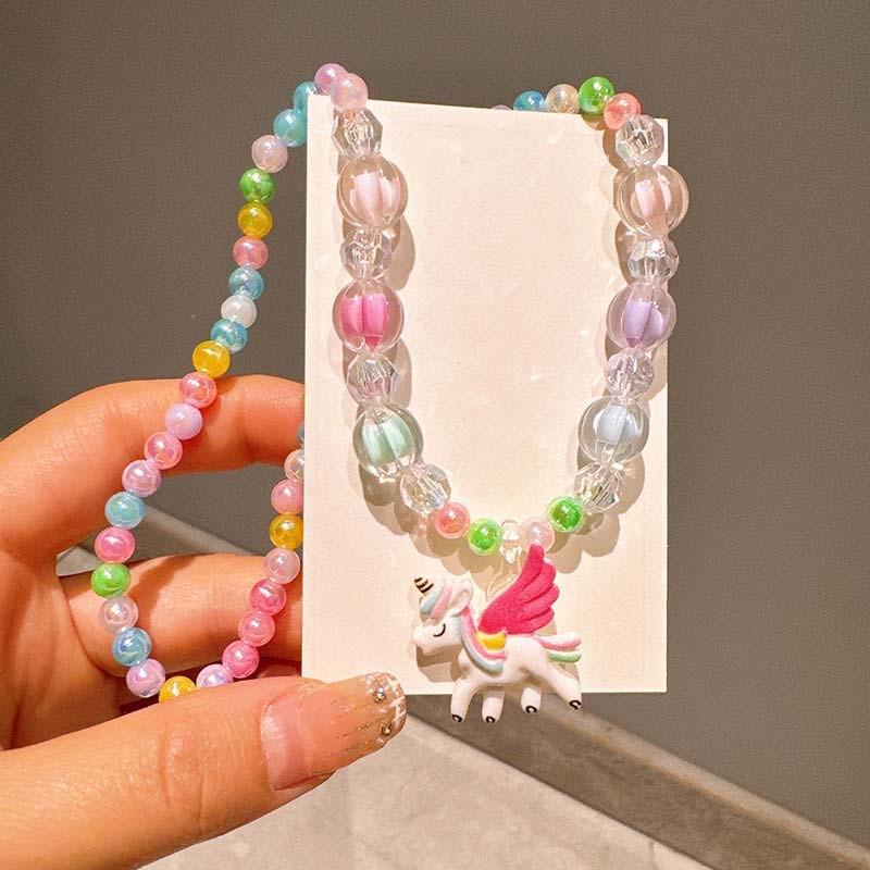 Colorful Pearl Necklace and Jewelry Set: Beaded Bracelet, Cartoon Headband, Earrings - Princess Accessories for Girls