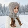 Women 3 in 1 Hooded Skull Cap with Scarf and Mask Fleece Lined Knit Hat Set Warm Winter Knitted Hat