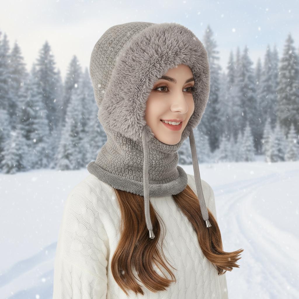 Women 3 in 1 Hooded Skull Cap with Scarf and Mask Fleece Lined Knit Hat Set Warm Winter Knitted Hat