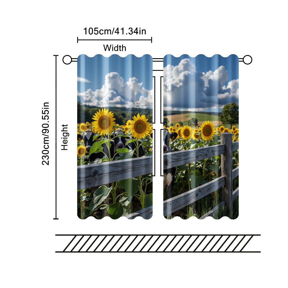 Filtering Curtains Excluding Rods Non Movable Without Batteries Sunflower Cow Use Bedrooms Living Rooms Set Of 2 Made Polyester Area Decor
