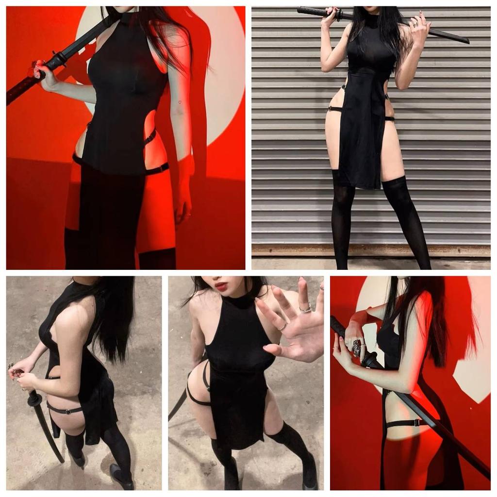 Gothic Goth Dark Cosplay High Waist Split Side Sexy Sleeveless Dress Slim Women Summer Night Clubwear