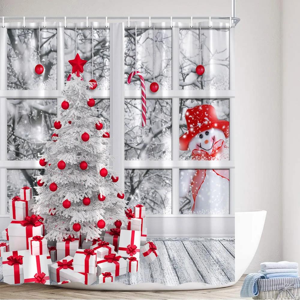 GAERed Santa Claus Christmas Shower Curtain White Snowflake Xmas Tree Gift New Year Home Bathroom Decor Bath Curtains With Hoo