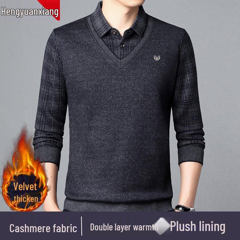 Hengyuanxiang Men's Pure Cashmere Two-Piece Look Thickened Winter Sweater