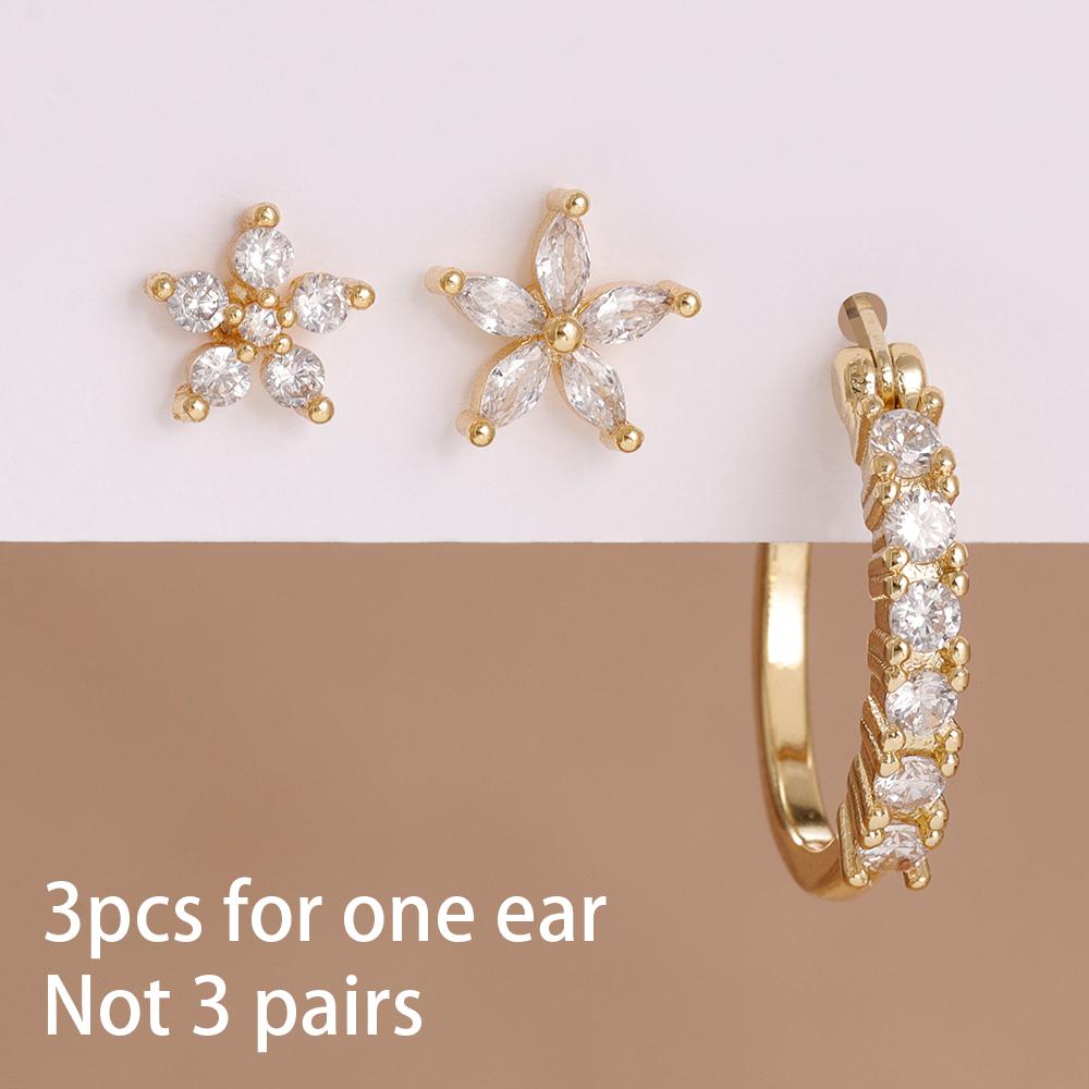 3PCS Stainless Steel Zircon Cartilage Flower Piercing Ear Stud Earring For Women Helix Tragus Engagement Birthday Jewelry Gift