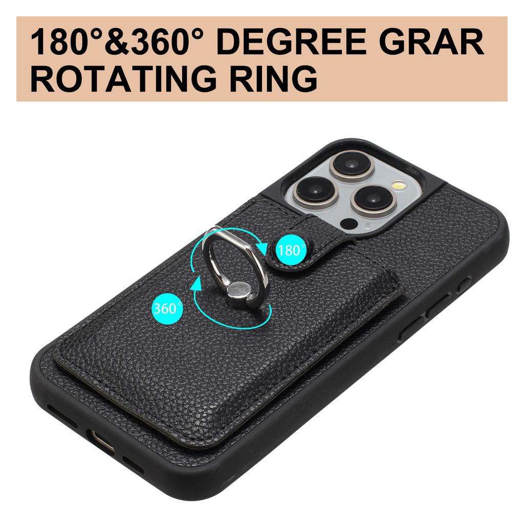 For iPhone 15 Pro Max Case Drawing Type Card Slots Litchi Texture Leather Back Cover with Ring Kickstand