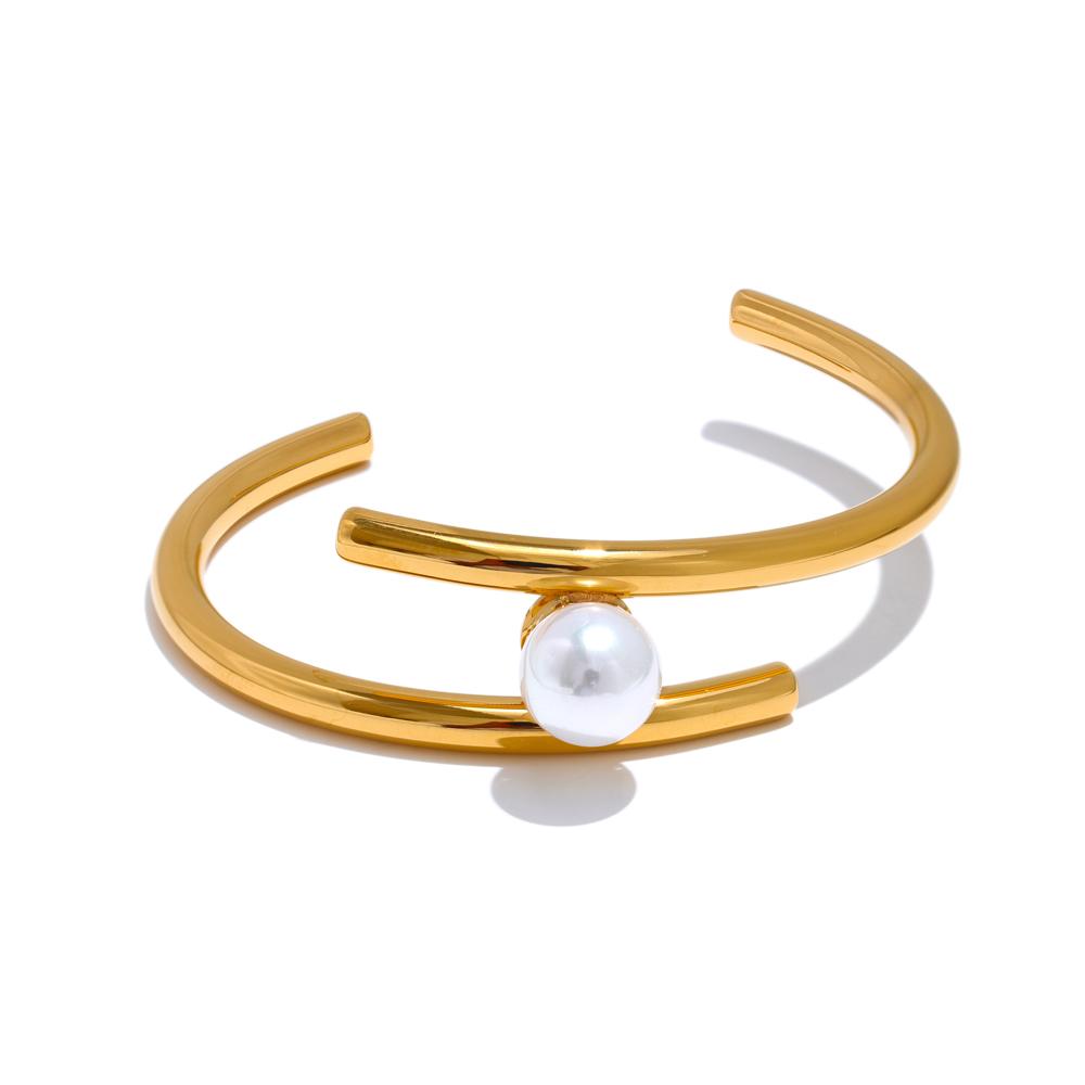 Yhpup 316L Stainless Steel Pearl Double Layer Cuff Bracelet Bangle Stylish Unique Design Elegant Wrist Jewellery Gift