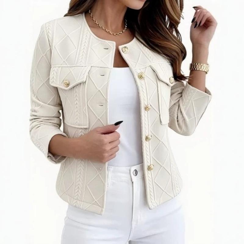 Women Pink Diamond Jacquard Cropped Jacket O Neck Gold Button Long Sleeve Elegant Small Fragrance Style Short Coat Spring Autumn Commuter Outerwear