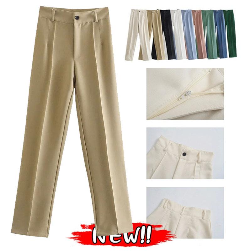 Fashion Women's Pants Office Lady Solid Straight Casual Pants Vintage High Waist Zipper Trousers