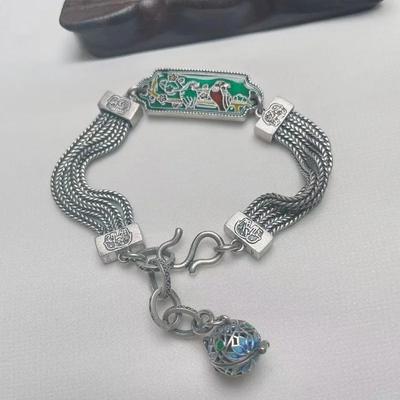 Classical Vintage Exquisite Palace Style Green Enamel Magpie Bracelet for Women Coarse Chain Bangles   Jewelry