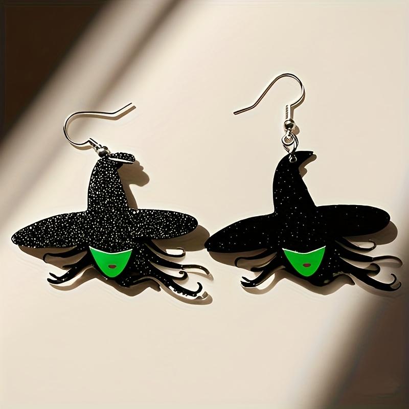 Pair of Black Glitter Witch Earrings with Green Grimace Accents - Punk Style, Perfect for Halloween, Daily Wear, Parties, and Travel